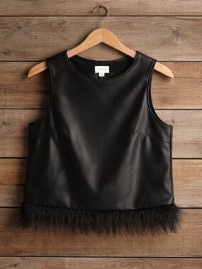 For Cynthia Black Faux Leather Feather-Hem Crop Top Size S